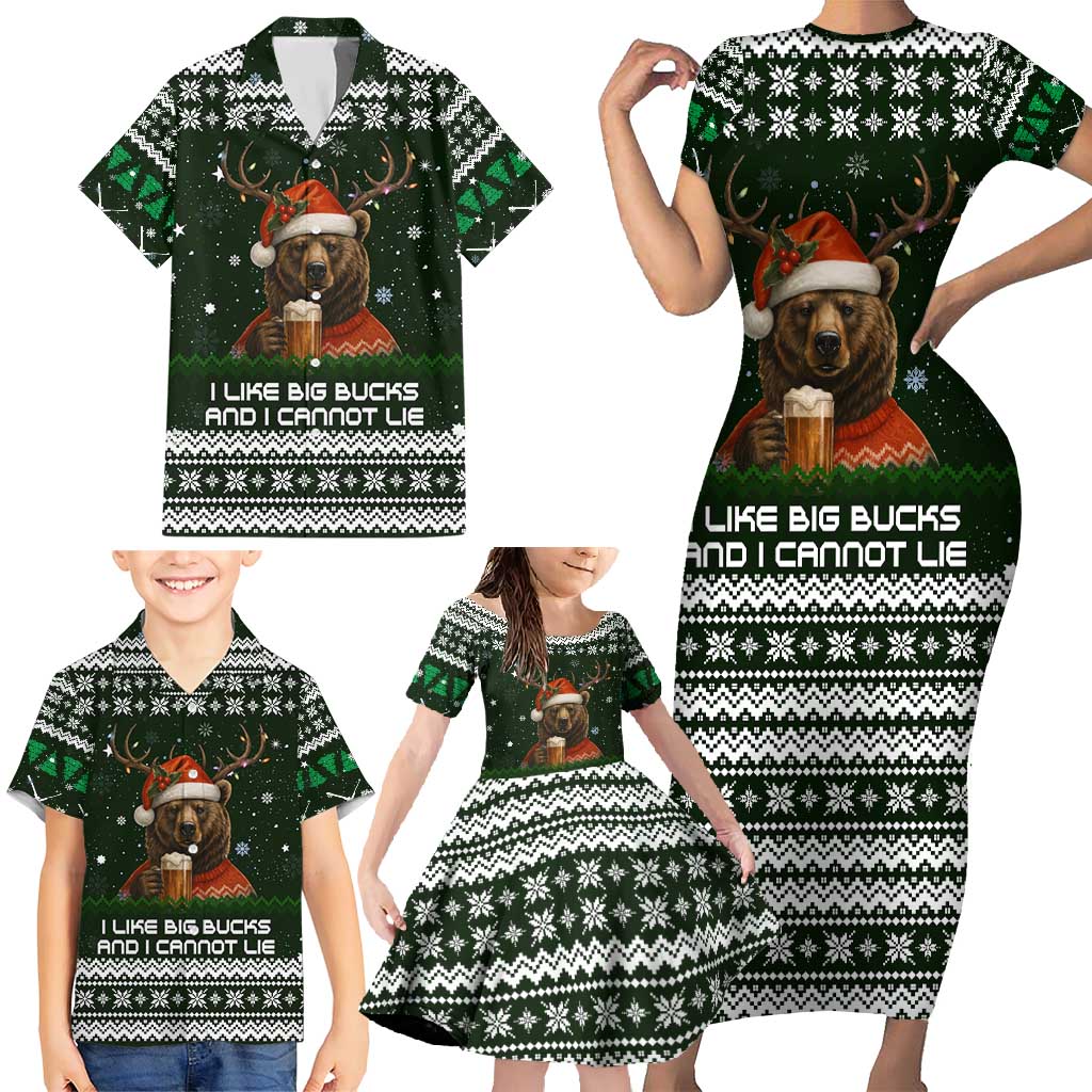 Bear Hunting and Beer Christmas Family Matching Short Sleeve Bodycon Dress and Hawaiian Shirt Xmas Holiday Patterns - Wonder Print Shop