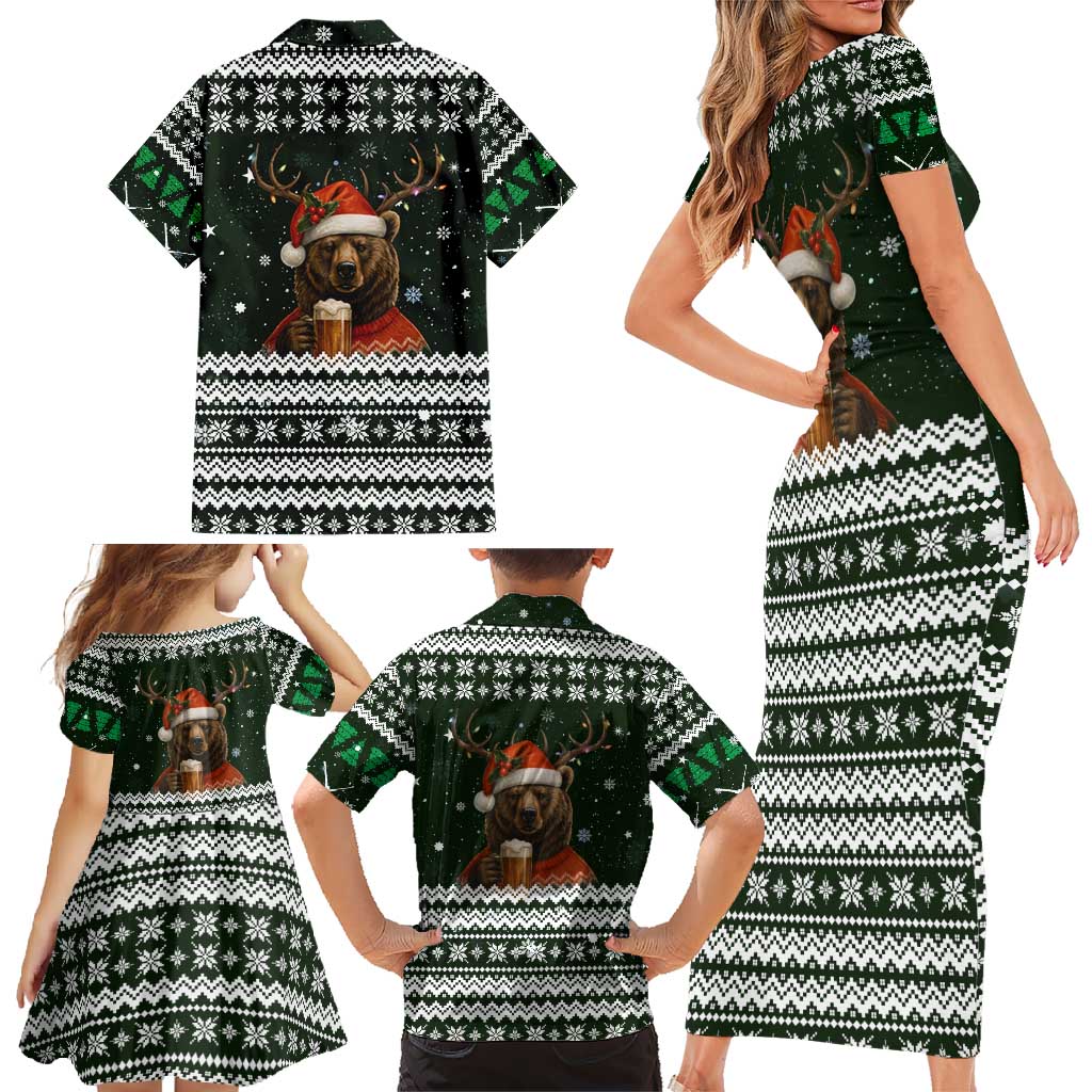 Bear Hunting and Beer Christmas Family Matching Short Sleeve Bodycon Dress and Hawaiian Shirt Xmas Holiday Patterns - Wonder Print Shop