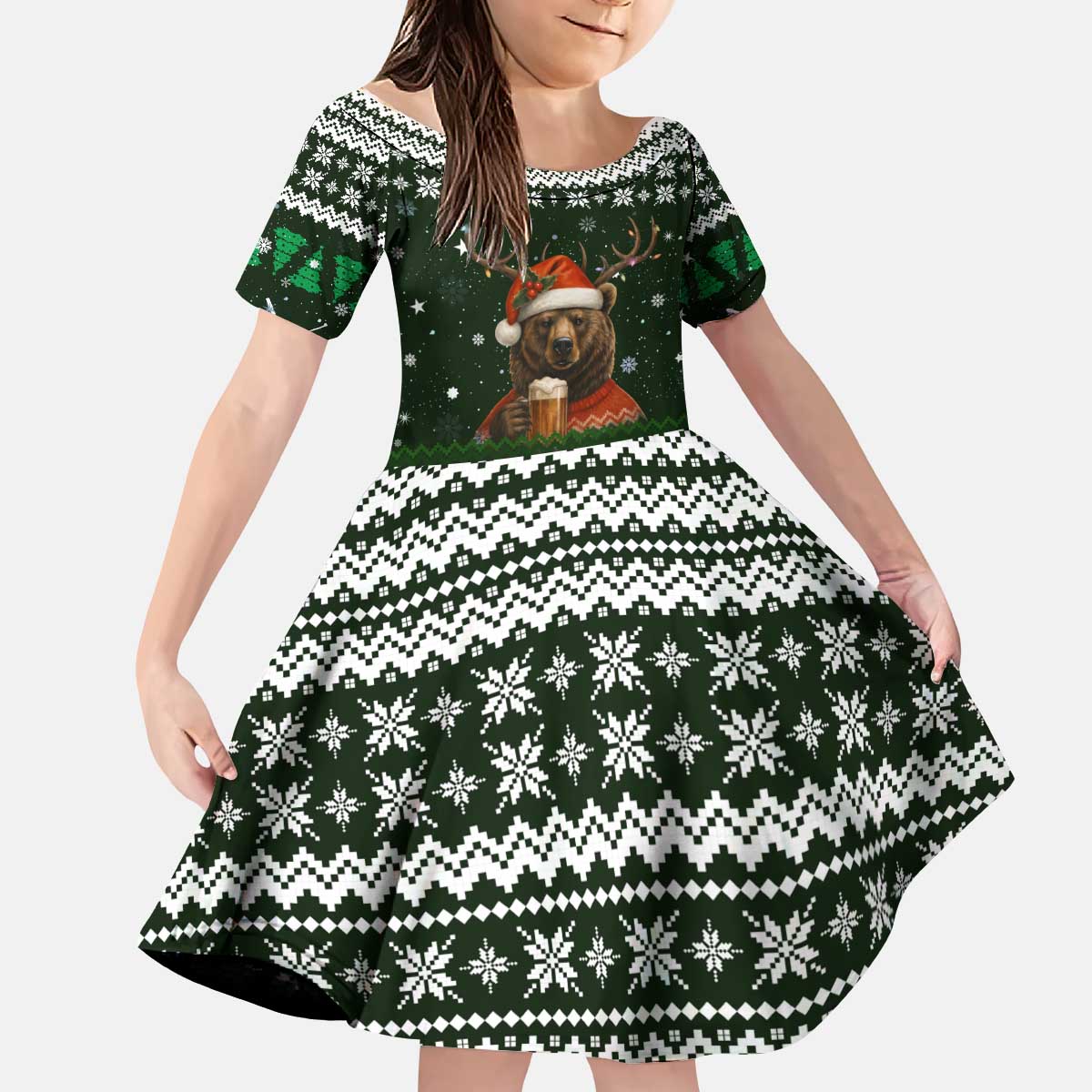Bear Hunting and Beer Christmas Kid Short Sleeve Dress Xmas Holiday Patterns - Wonder Print Shop