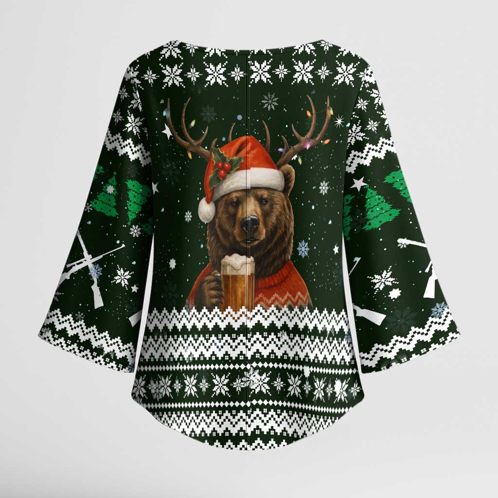 Bear Hunting and Beer Christmas Kimono Sleeve Blouse Xmas Holiday Patterns - Wonder Print Shop