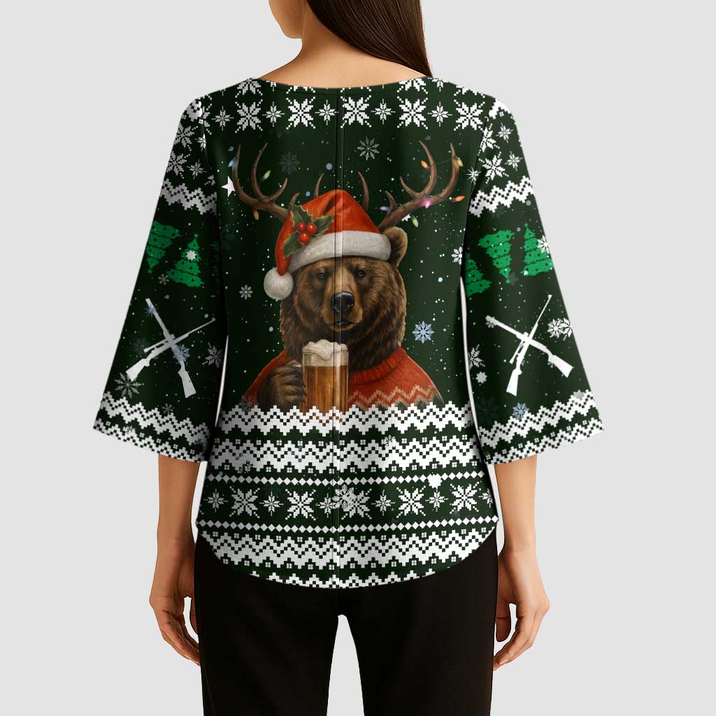 Bear Hunting and Beer Christmas Kimono Sleeve Blouse Xmas Holiday Patterns - Wonder Print Shop