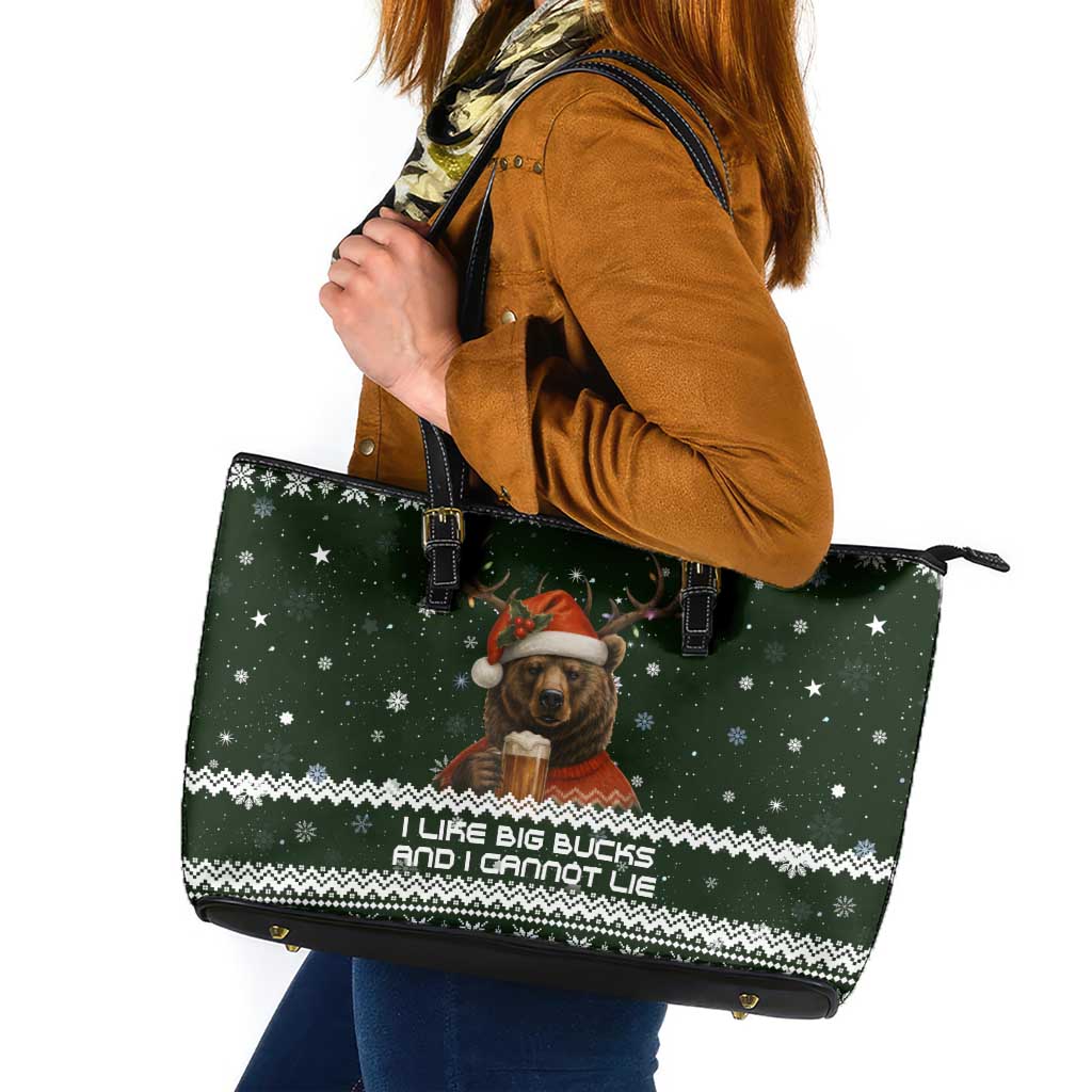 Bear Hunting and Beer Christmas Leather Tote Bag Xmas Holiday Patterns - Wonder Print Shop