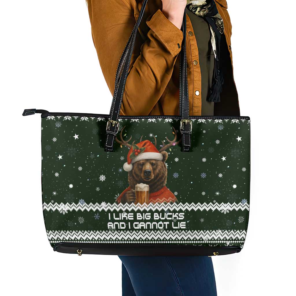 Bear Hunting and Beer Christmas Leather Tote Bag Xmas Holiday Patterns - Wonder Print Shop
