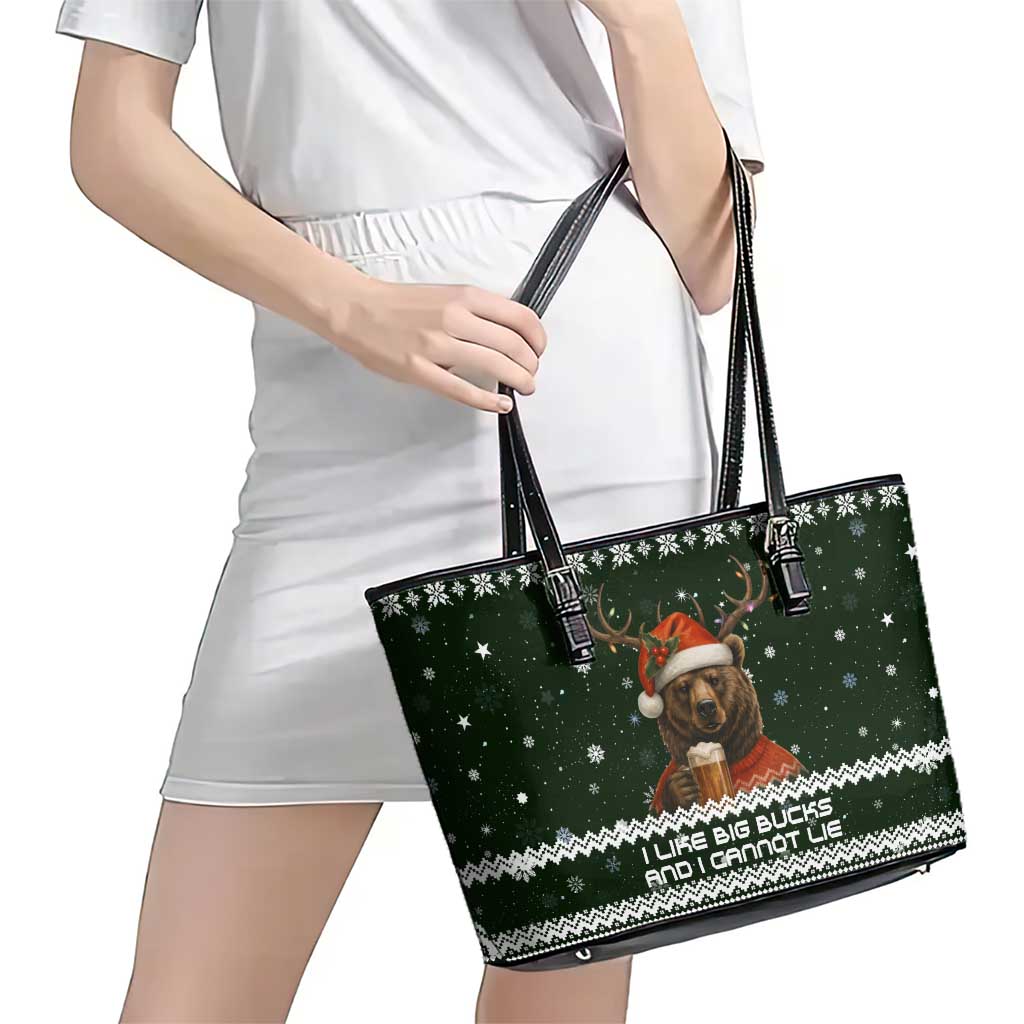 Bear Hunting and Beer Christmas Leather Tote Bag Xmas Holiday Patterns - Wonder Print Shop