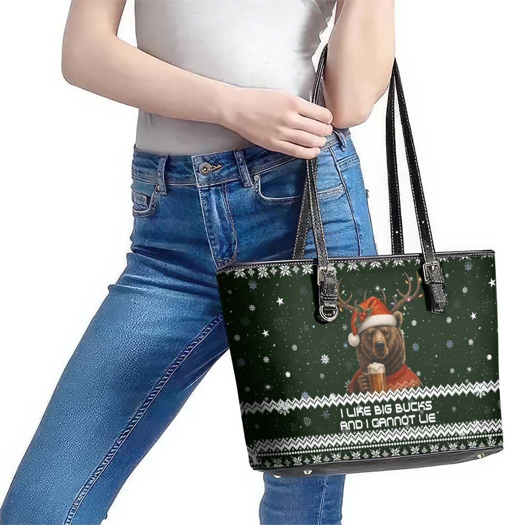 Bear Hunting and Beer Christmas Leather Tote Bag Xmas Holiday Patterns - Wonder Print Shop