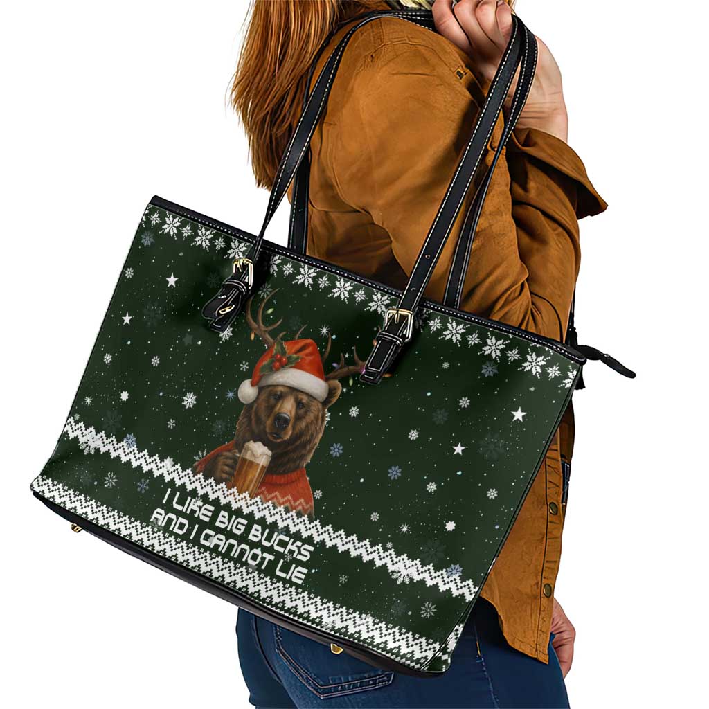 Bear Hunting and Beer Christmas Leather Tote Bag Xmas Holiday Patterns - Wonder Print Shop