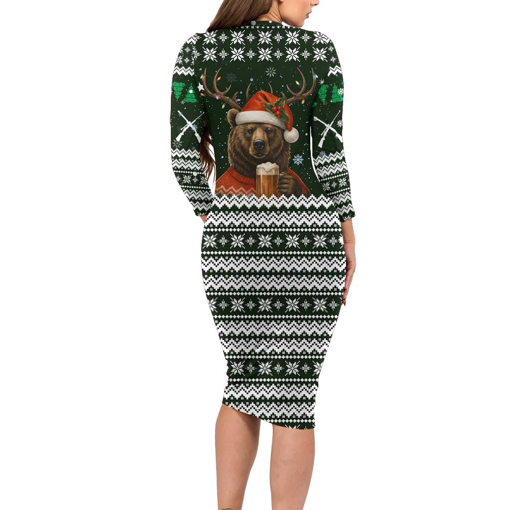 Bear Hunting and Beer Christmas Long Sleeve Bodycon Dress Xmas Holiday Patterns - Wonder Print Shop