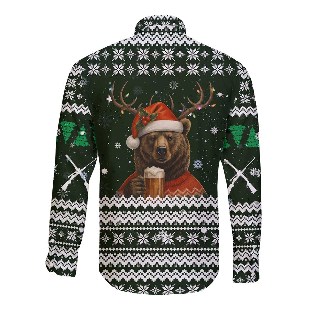Bear Hunting and Beer Christmas Long Sleeve Button Shirt Xmas Holiday Patterns - Wonder Print Shop