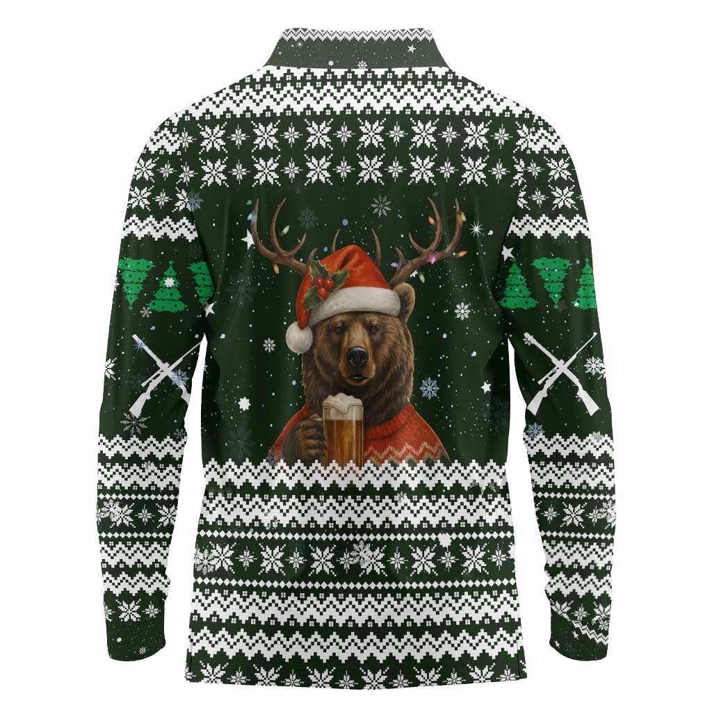 Bear Hunting and Beer Christmas Long Sleeve Polo Shirt Xmas Holiday Patterns - Wonder Print Shop