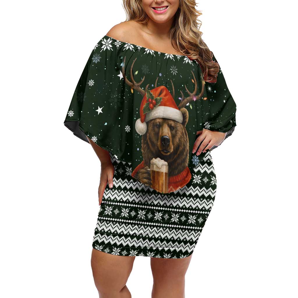 Bear Hunting and Beer Christmas Off Shoulder Short Dress Xmas Holiday Patterns - Wonder Print Shop