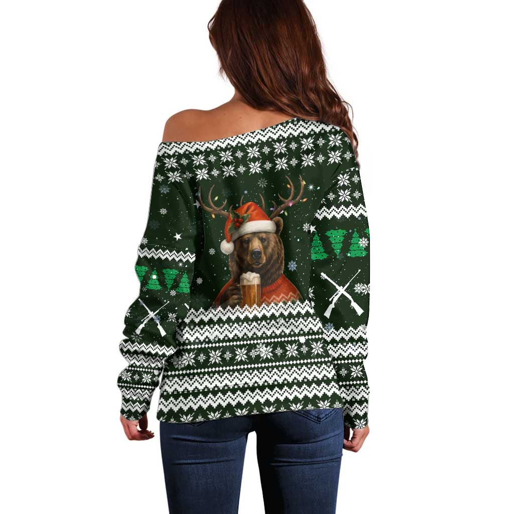 Bear Hunting and Beer Christmas Off Shoulder Sweater Xmas Holiday Patterns - Wonder Print Shop