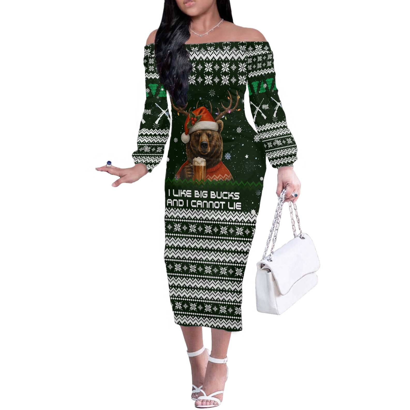 Bear Hunting and Beer Christmas Off The Shoulder Long Sleeve Dress Xmas Holiday Patterns - Wonder Print Shop