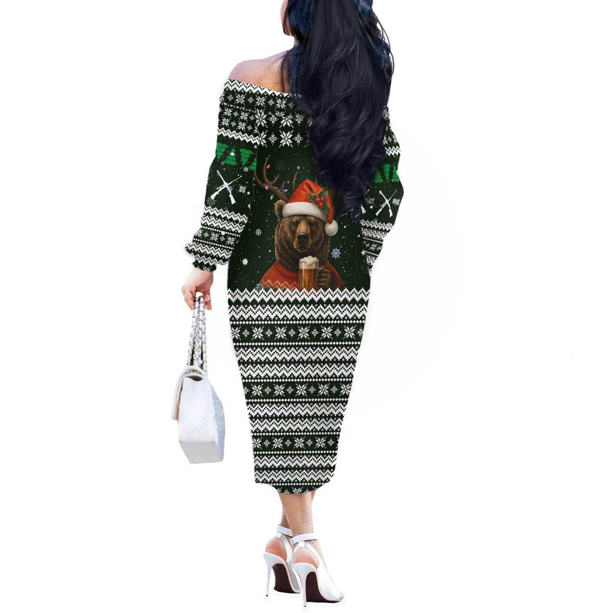 Bear Hunting and Beer Christmas Off The Shoulder Long Sleeve Dress Xmas Holiday Patterns - Wonder Print Shop