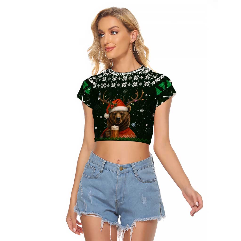 Bear Hunting and Beer Christmas Raglan Cropped T Shirt Xmas Holiday Patterns - Wonder Print Shop