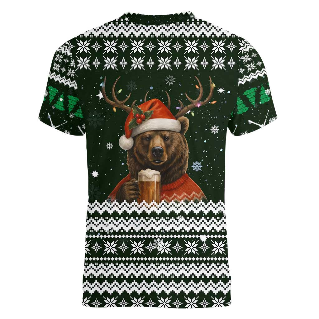 Bear Hunting and Beer Christmas Women V-Neck T-Shirt Xmas Holiday Patterns - Wonder Print Shop