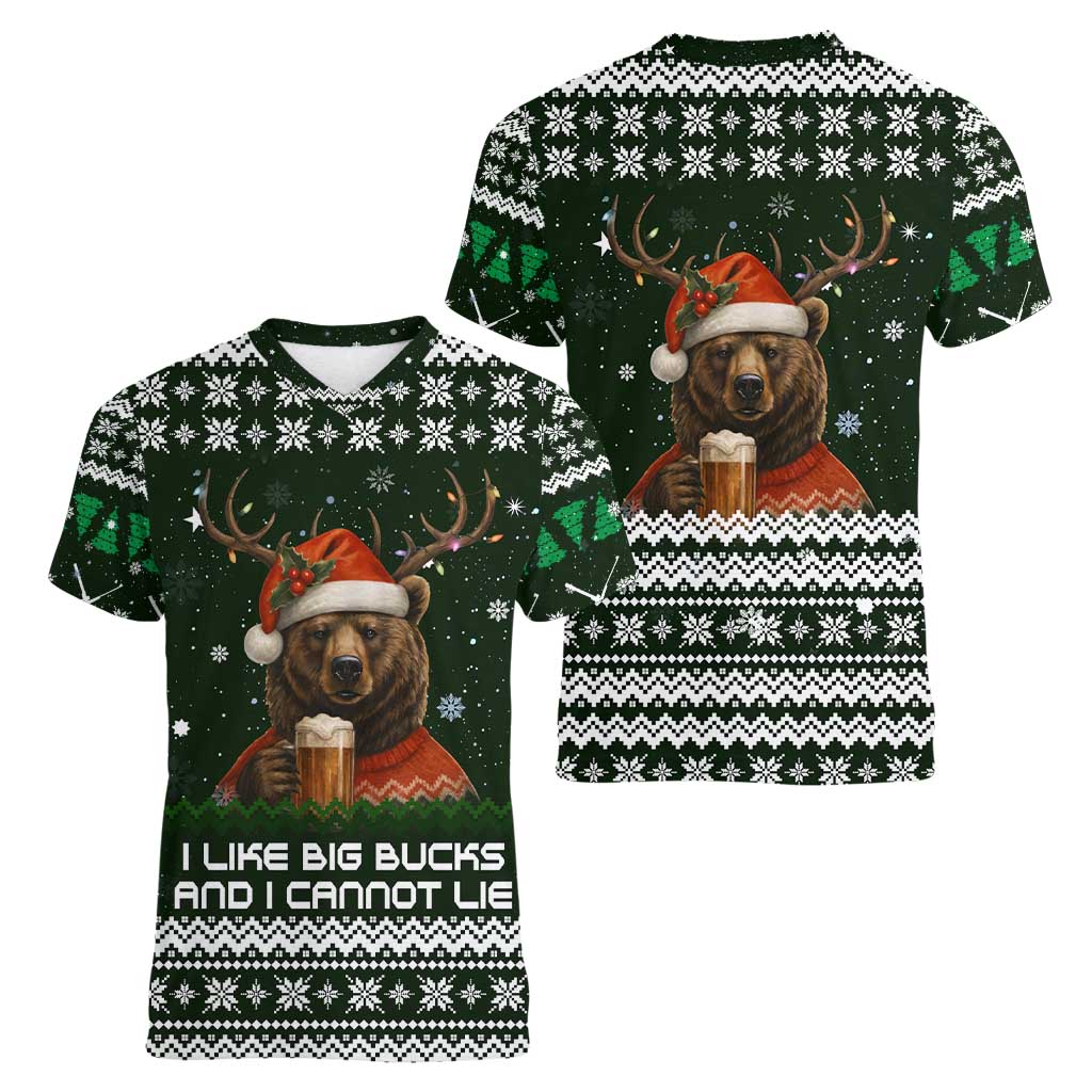 Bear Hunting and Beer Christmas Women V-Neck T-Shirt Xmas Holiday Patterns - Wonder Print Shop