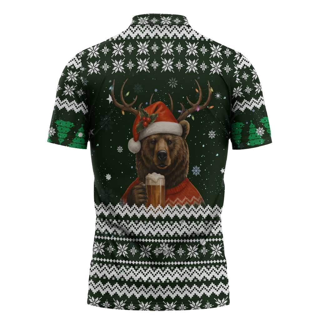 Bear Hunting and Beer Christmas Zipper Polo Shirt Xmas Holiday Patterns - Wonder Print Shop