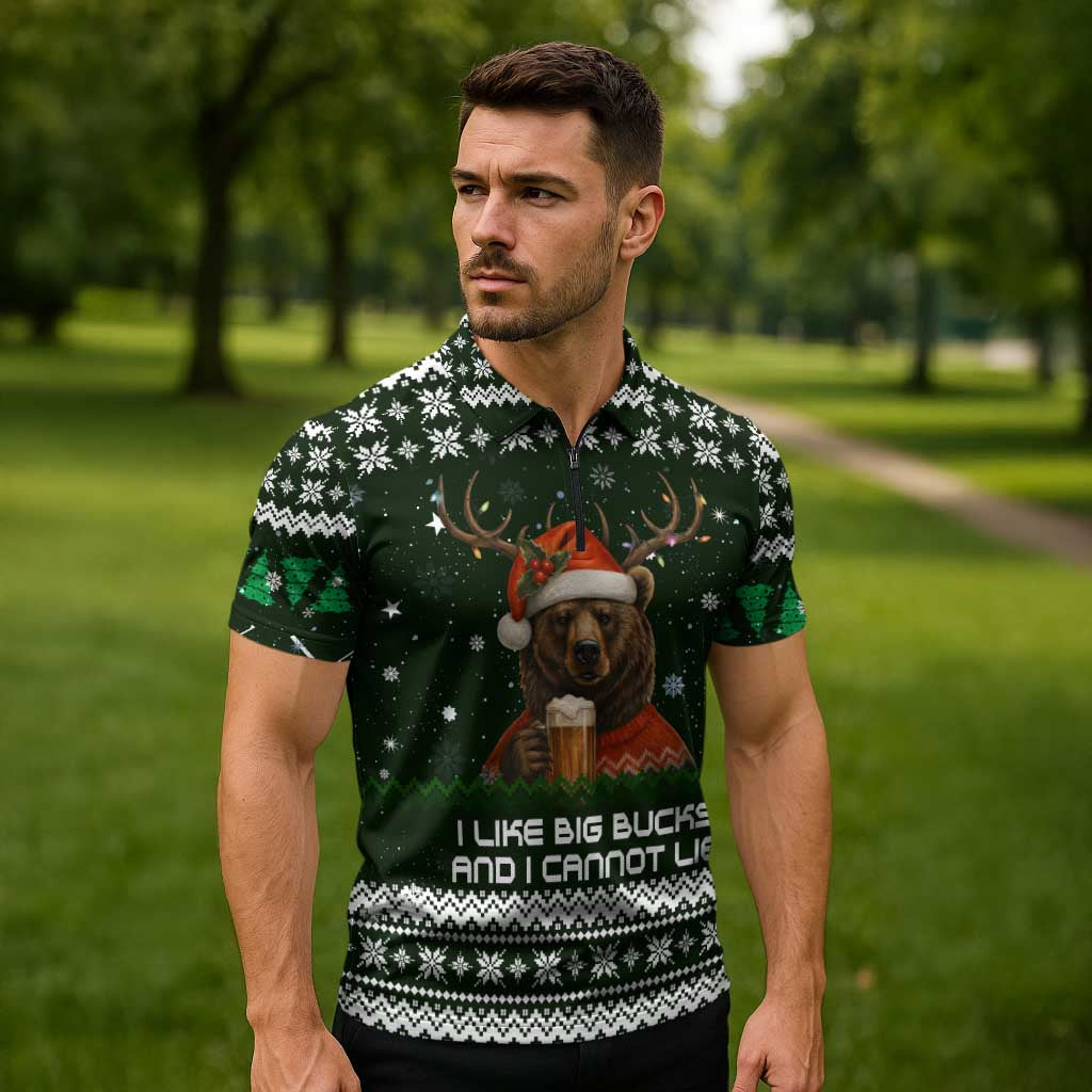 Bear Hunting and Beer Christmas Zipper Polo Shirt Xmas Holiday Patterns - Wonder Print Shop