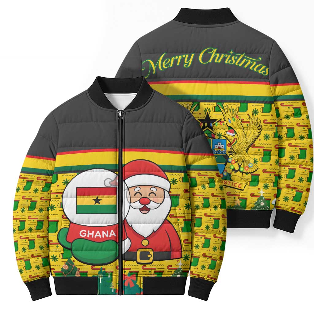 Ghana Christmas Bomber Puffer Jacket with Santa Ornament National Coat of Arms and Festive - Wonder Print Shop