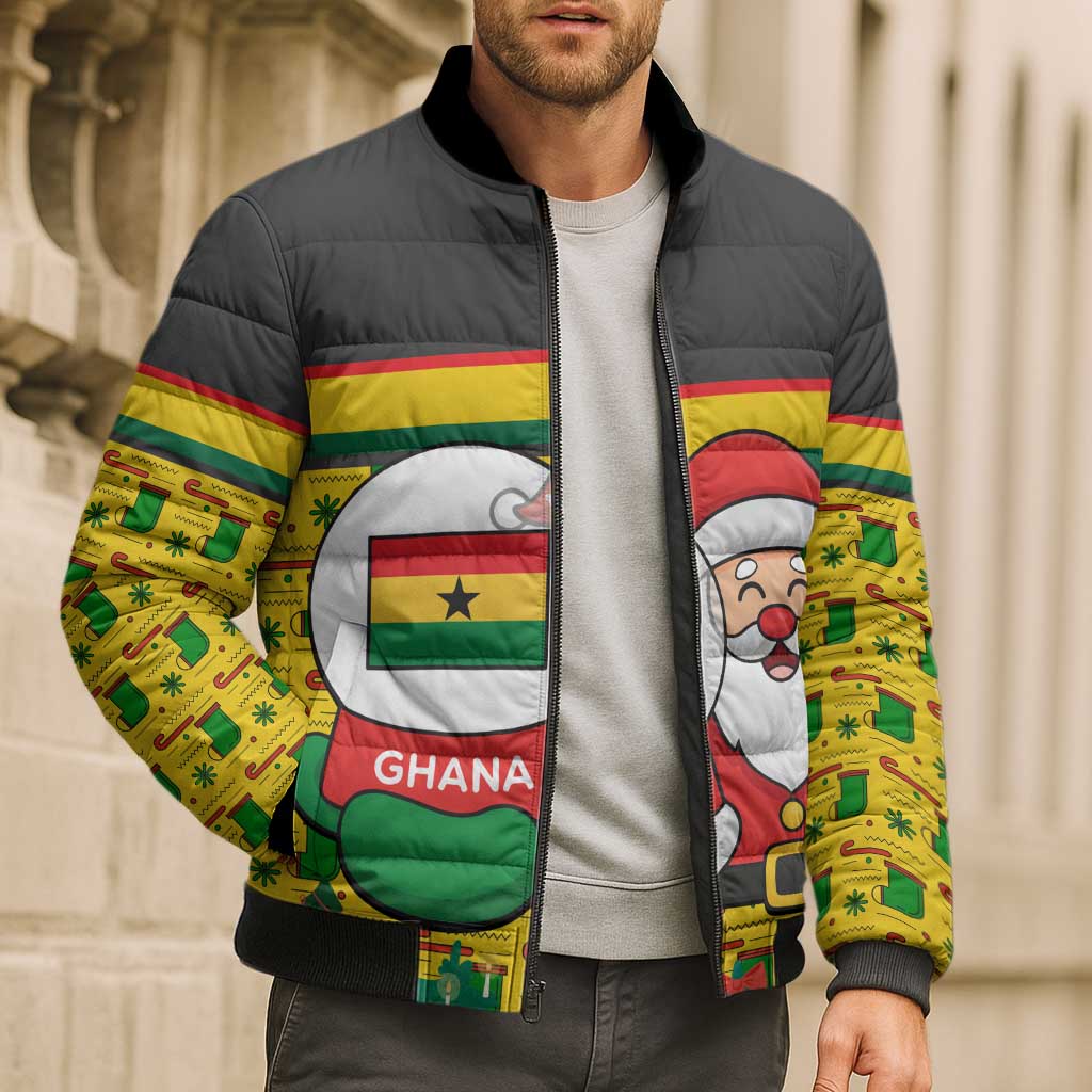 Ghana Christmas Bomber Puffer Jacket with Santa Ornament National Coat of Arms and Festive - Wonder Print Shop
