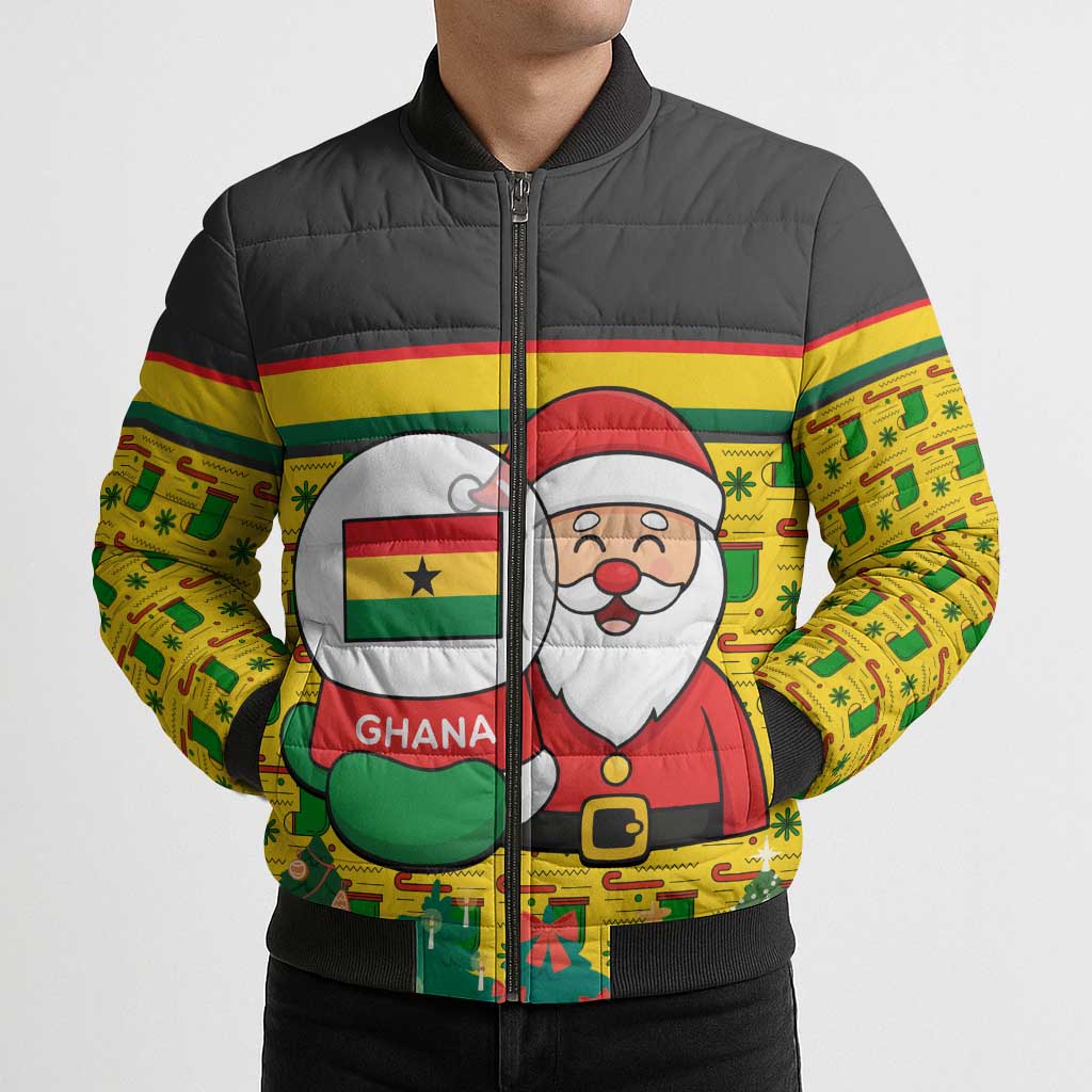 Ghana Christmas Bomber Puffer Jacket with Santa Ornament National Coat of Arms and Festive - Wonder Print Shop