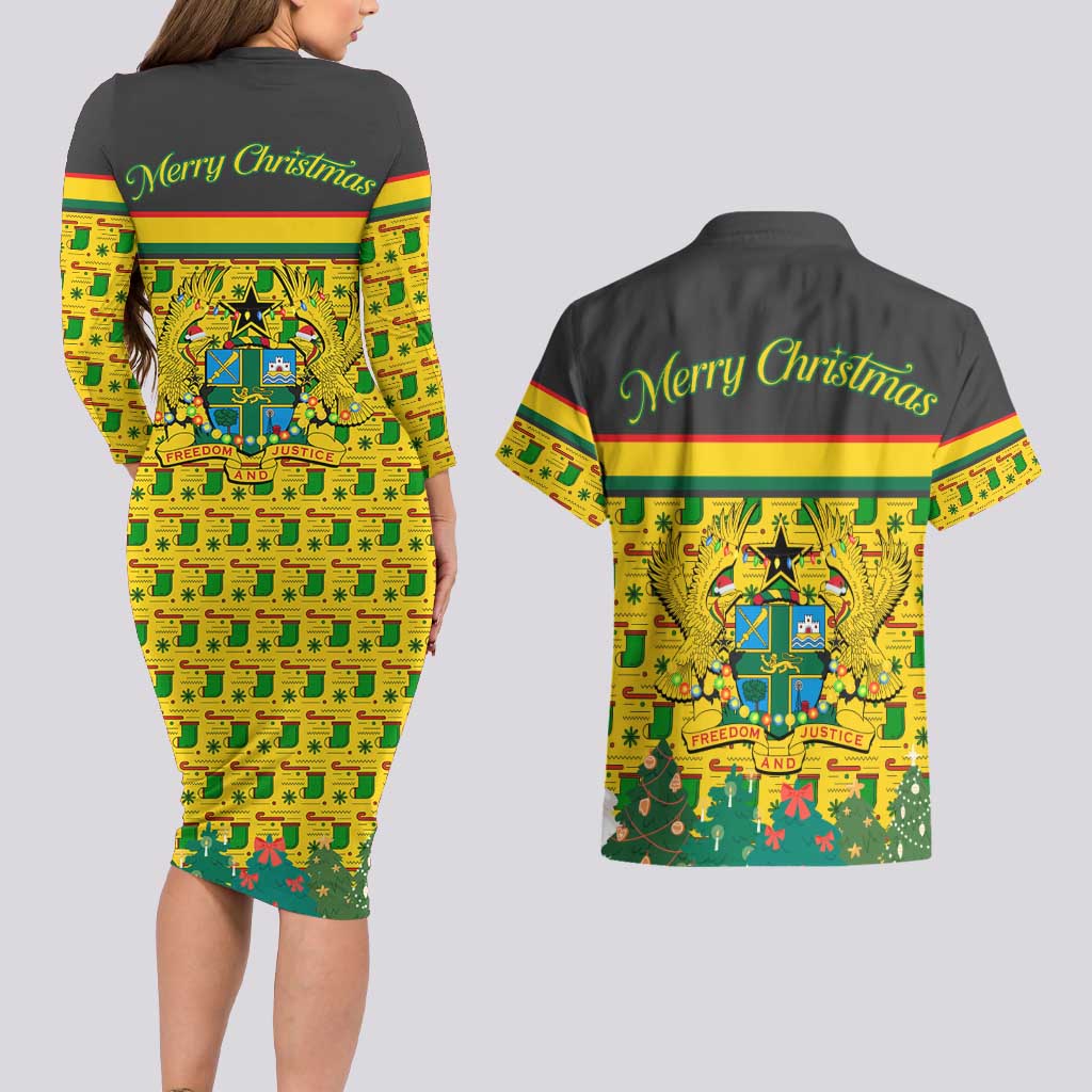 Ghana Christmas Couples Matching Long Sleeve Bodycon Dress and Hawaiian Shirt with Santa Ornament National Coat of Arms and Festive - Wonder Print Shop