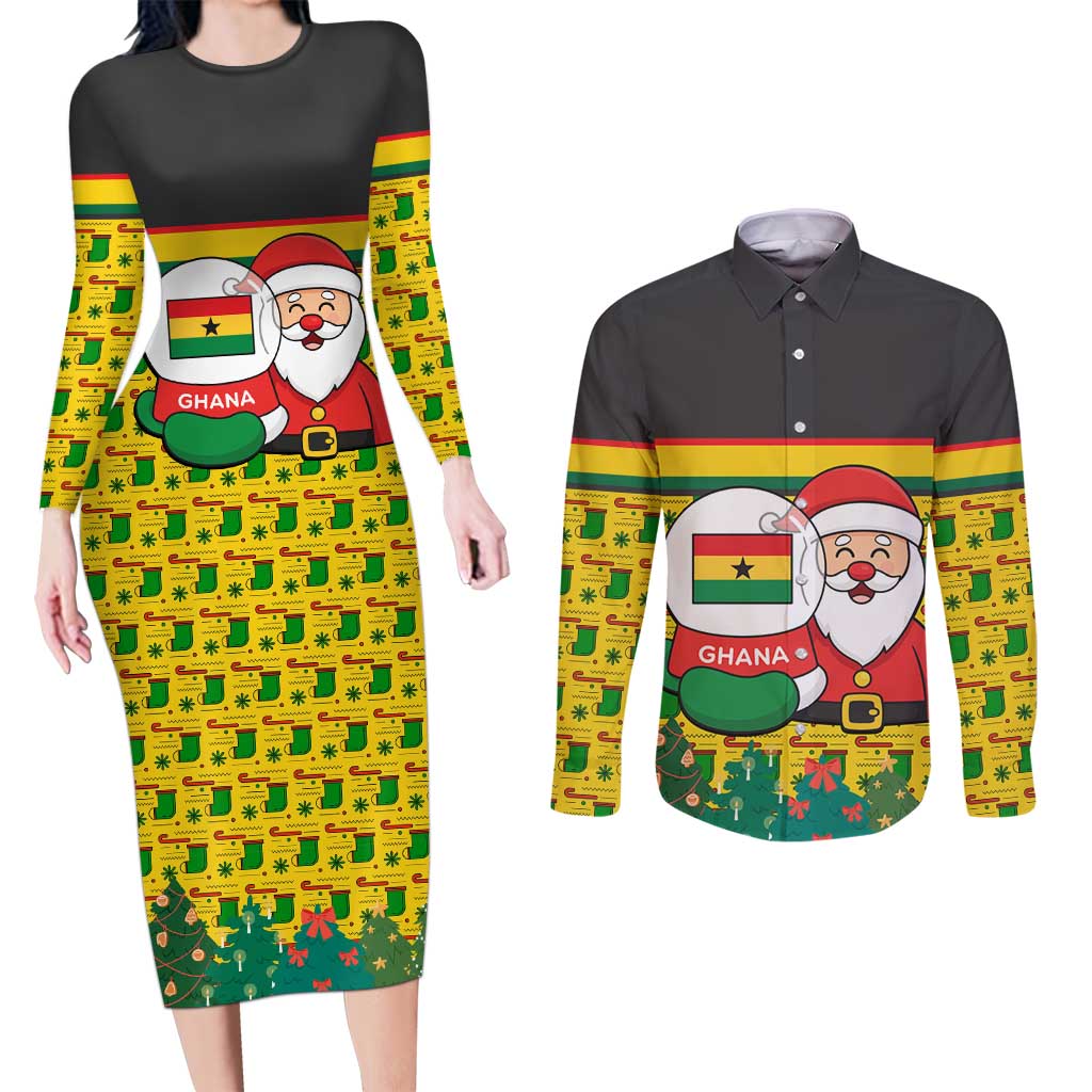 Ghana Christmas Couples Matching Long Sleeve Bodycon Dress and Long Sleeve Button Shirt with Santa Ornament National Coat of Arms and Festive - Wonder Print Shop