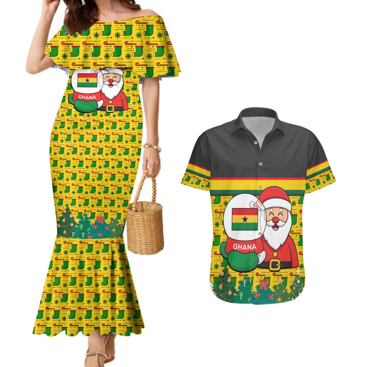 Ghana Christmas Couples Matching Mermaid Dress and Hawaiian Shirt with Santa Ornament National Coat of Arms and Festive - Wonder Print Shop