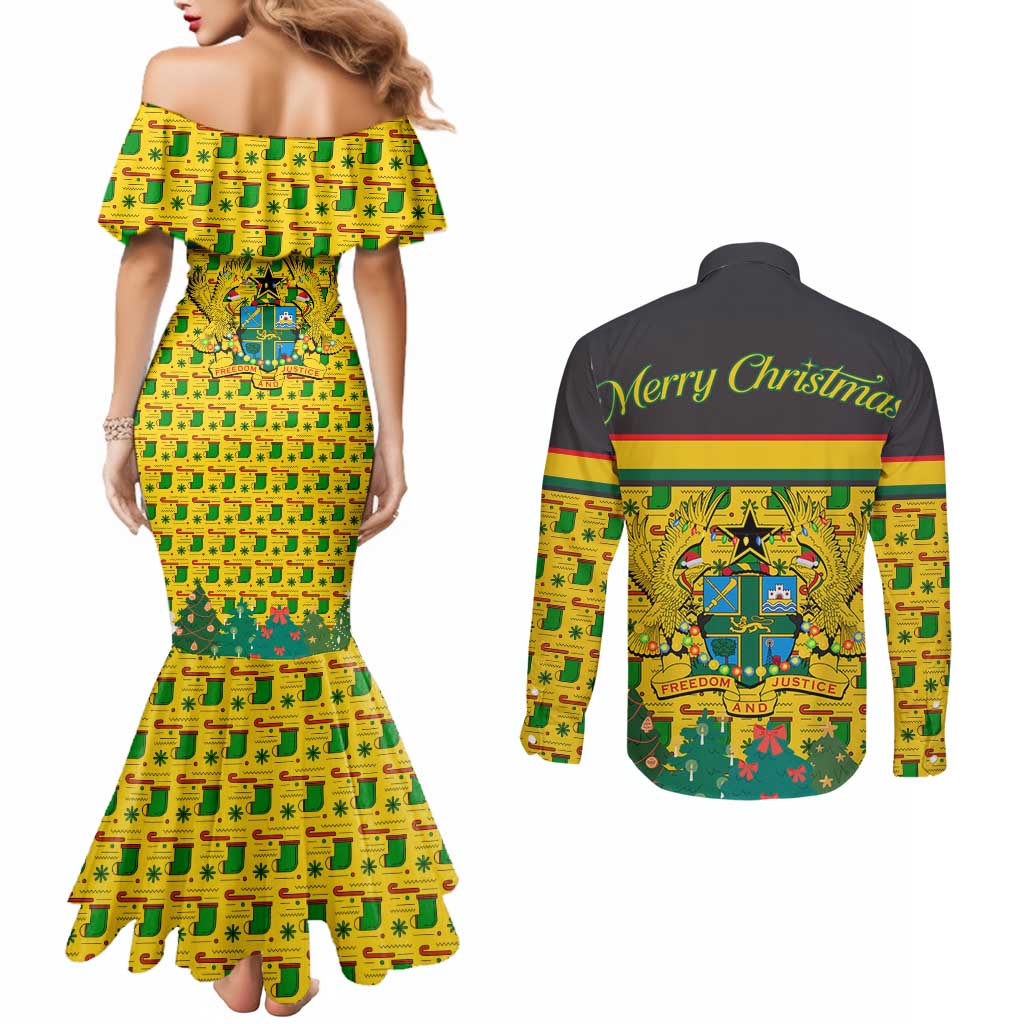 Ghana Christmas Couples Matching Mermaid Dress and Long Sleeve Button Shirt with Santa Ornament National Coat of Arms and Festive - Wonder Print Shop