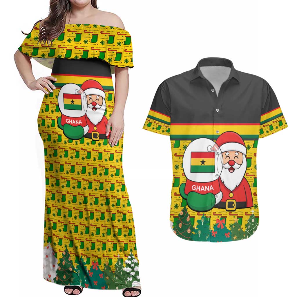 Ghana Christmas Couples Matching Off Shoulder Maxi Dress and Hawaiian Shirt with Santa Ornament National Coat of Arms and Festive - Wonder Print Shop