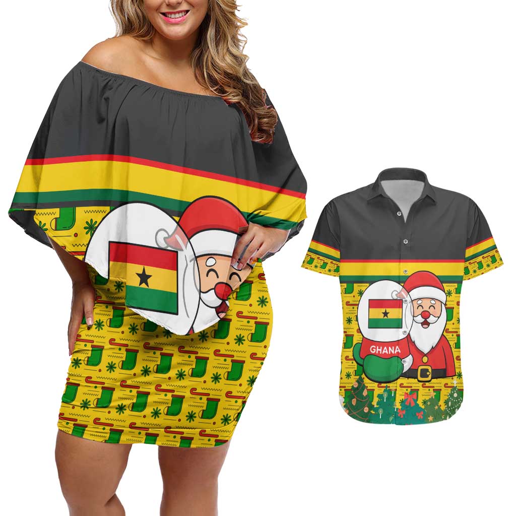 Ghana Christmas Couples Matching Off Shoulder Short Dress and Hawaiian Shirt with Santa Ornament National Coat of Arms and Festive - Wonder Print Shop