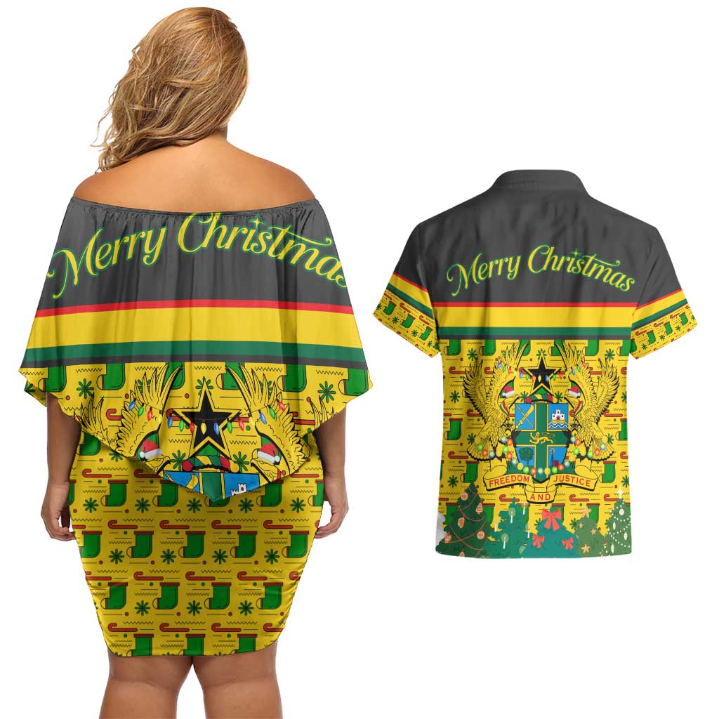 Ghana Christmas Couples Matching Off Shoulder Short Dress and Hawaiian Shirt with Santa Ornament National Coat of Arms and Festive - Wonder Print Shop
