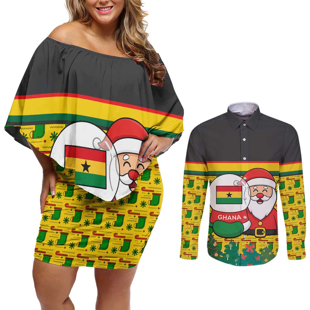 Ghana Christmas Couples Matching Off Shoulder Short Dress and Long Sleeve Button Shirt with Santa Ornament National Coat of Arms and Festive - Wonder Print Shop