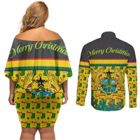 Ghana Christmas Couples Matching Off Shoulder Short Dress and Long Sleeve Button Shirt with Santa Ornament National Coat of Arms and Festive - Wonder Print Shop