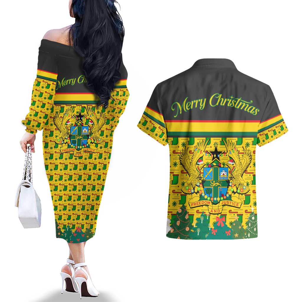 Ghana Christmas Couples Matching Off The Shoulder Long Sleeve Dress and Hawaiian Shirt with Santa Ornament National Coat of Arms and Festive - Wonder Print Shop