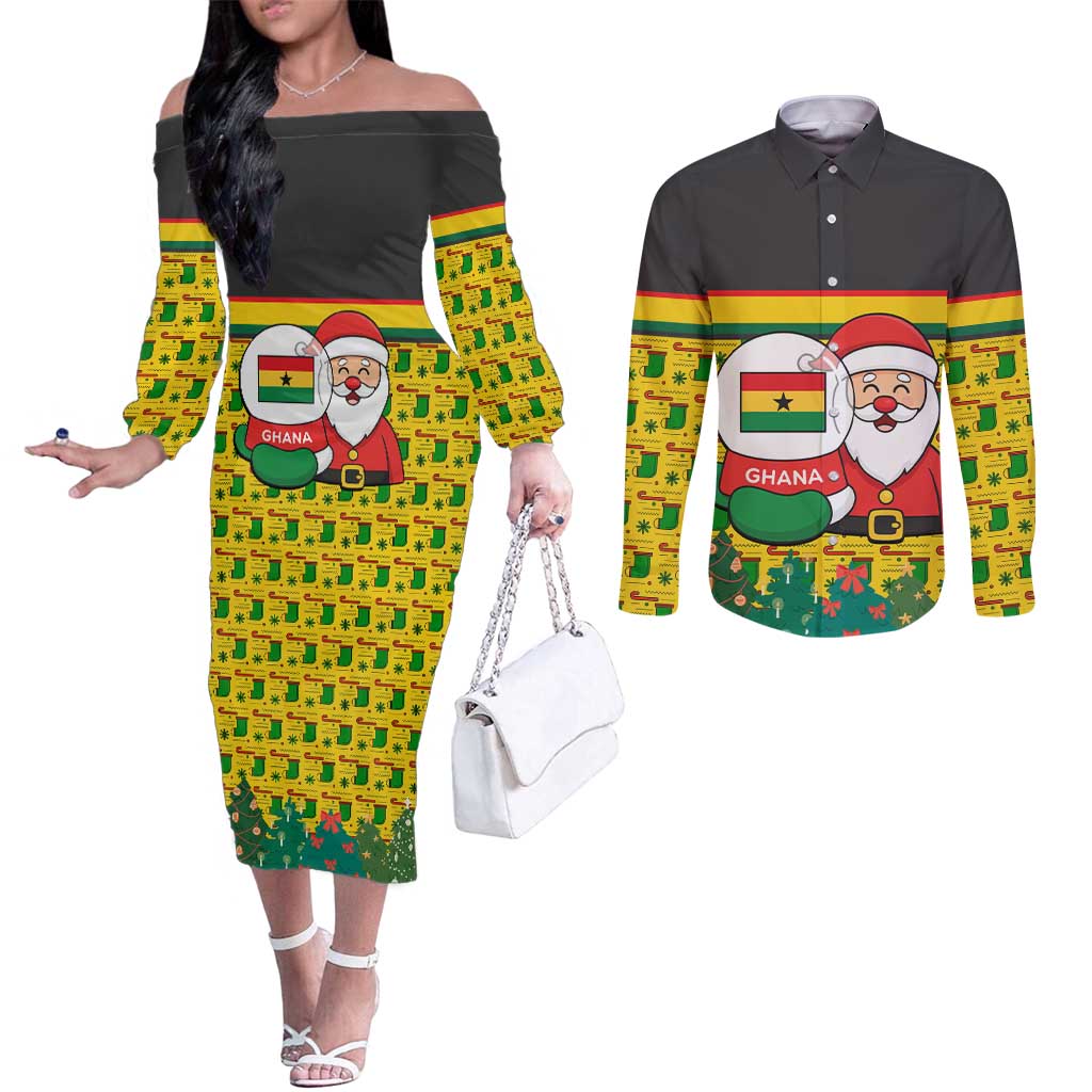 Ghana Christmas Couples Matching Off The Shoulder Long Sleeve Dress and Long Sleeve Button Shirt with Santa Ornament National Coat of Arms and Festive - Wonder Print Shop