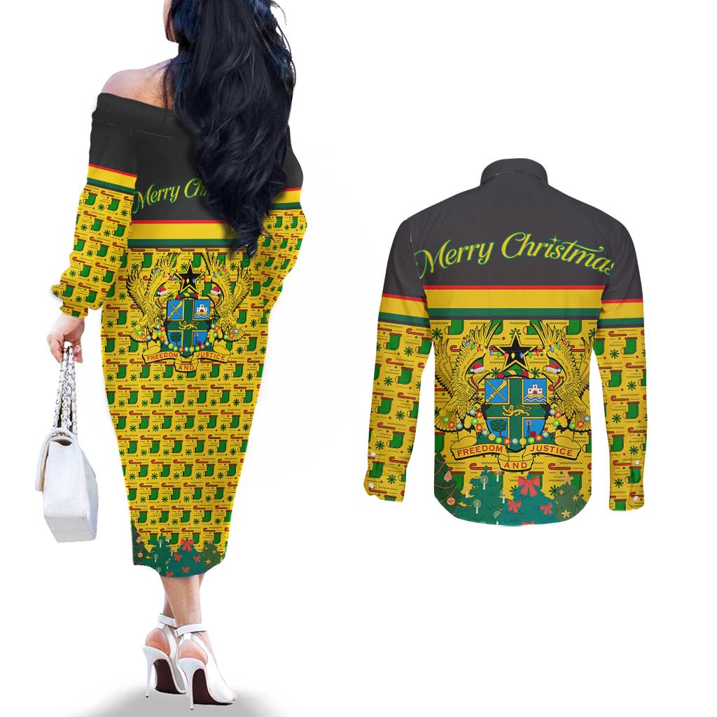 Ghana Christmas Couples Matching Off The Shoulder Long Sleeve Dress and Long Sleeve Button Shirt with Santa Ornament National Coat of Arms and Festive - Wonder Print Shop