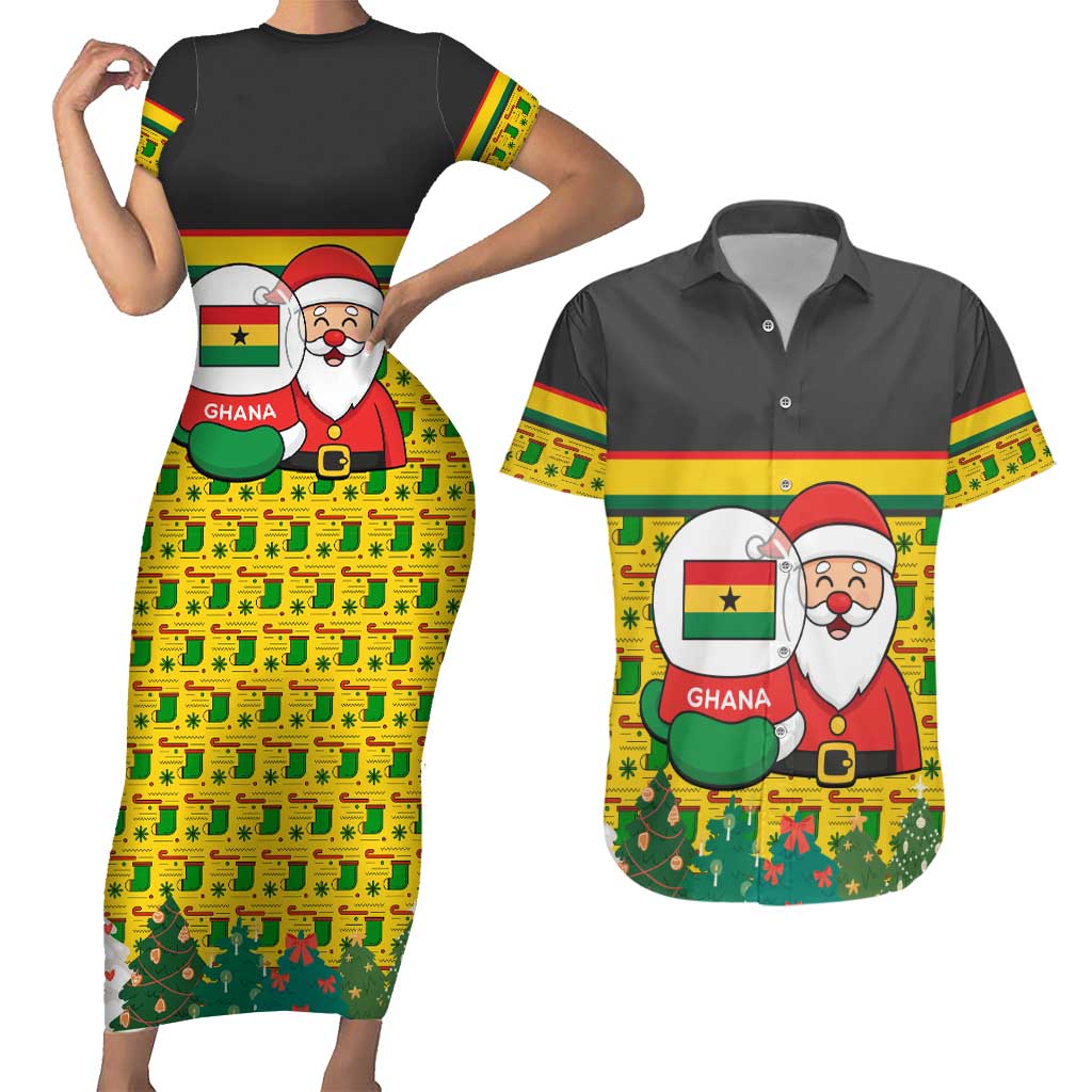 Ghana Christmas Couples Matching Short Sleeve Bodycon Dress and Hawaiian Shirt with Santa Ornament National Coat of Arms and Festive - Wonder Print Shop