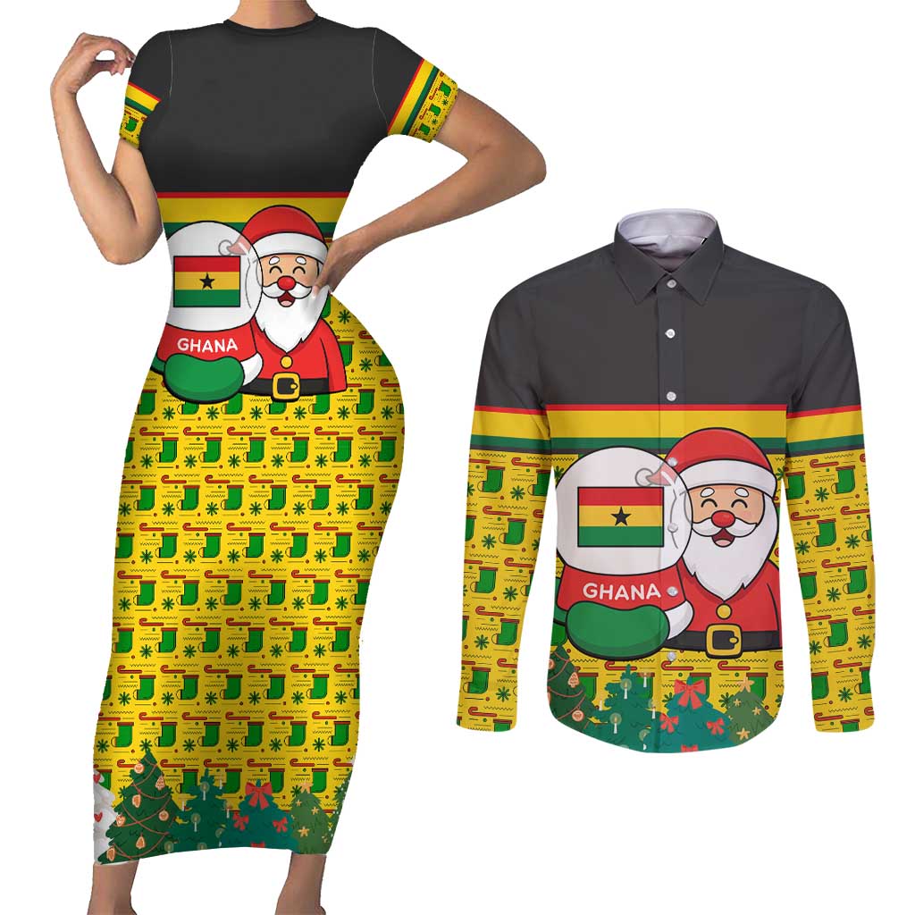 Ghana Christmas Couples Matching Short Sleeve Bodycon Dress and Long Sleeve Button Shirt with Santa Ornament National Coat of Arms and Festive - Wonder Print Shop