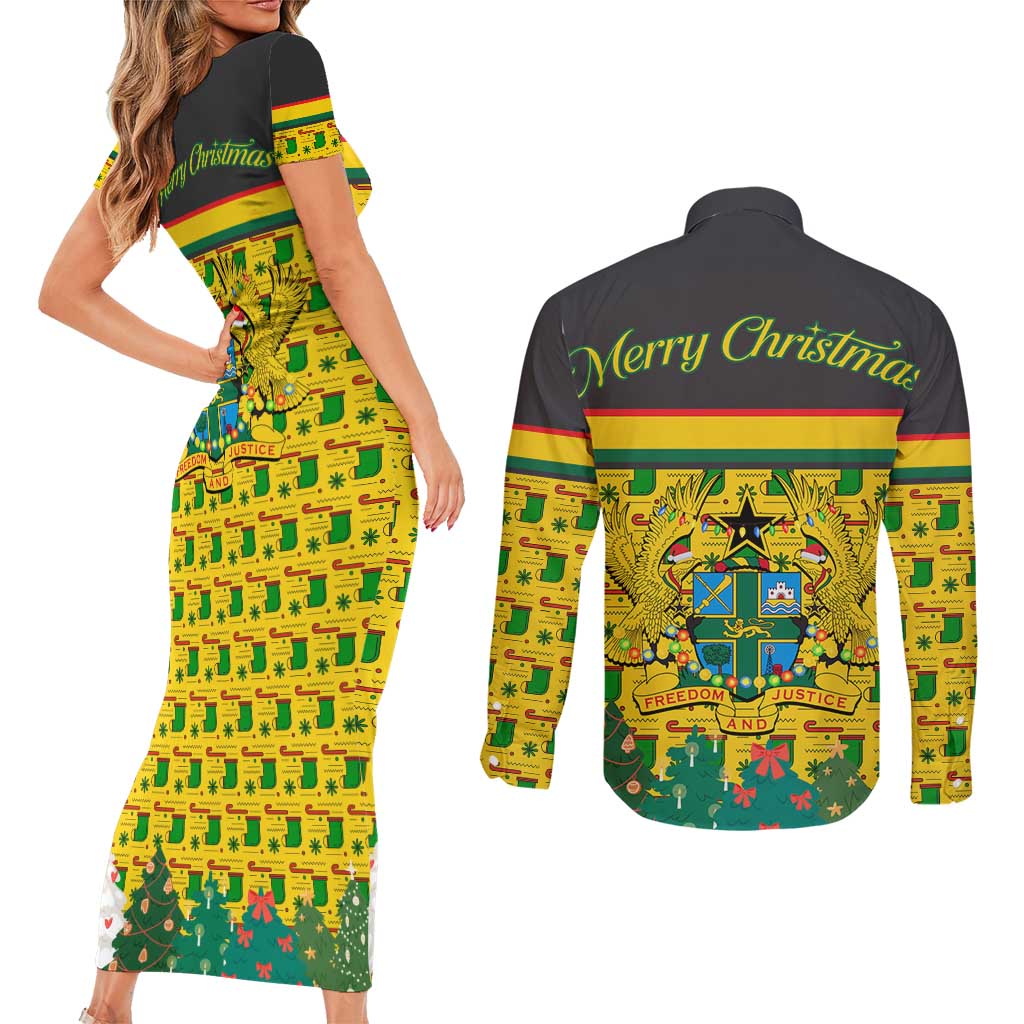 Ghana Christmas Couples Matching Short Sleeve Bodycon Dress and Long Sleeve Button Shirt with Santa Ornament National Coat of Arms and Festive - Wonder Print Shop