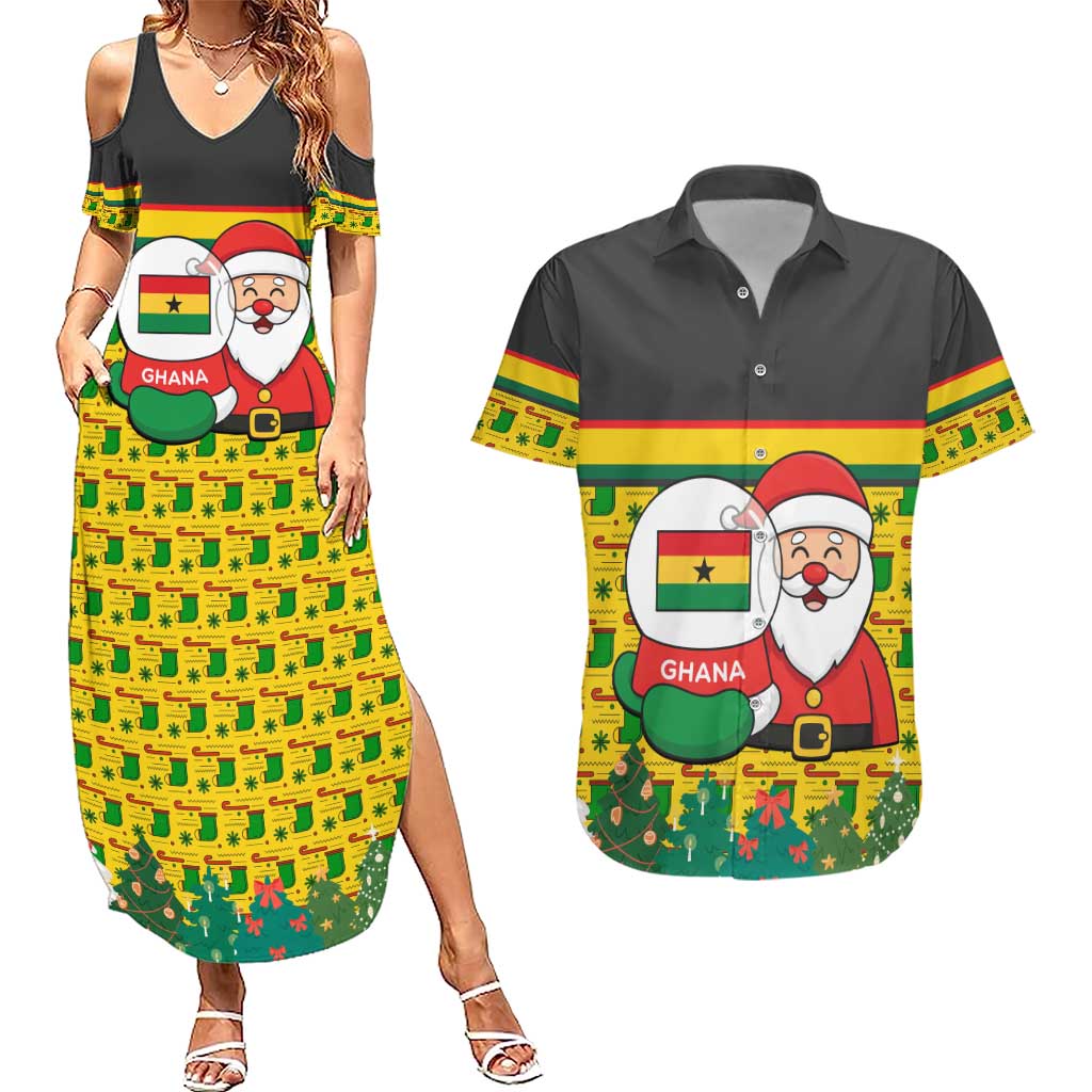 Ghana Christmas Couples Matching Summer Maxi Dress and Hawaiian Shirt with Santa Ornament National Coat of Arms and Festive - Wonder Print Shop