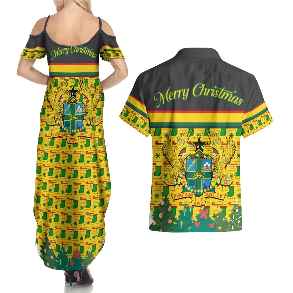 Ghana Christmas Couples Matching Summer Maxi Dress and Hawaiian Shirt with Santa Ornament National Coat of Arms and Festive - Wonder Print Shop