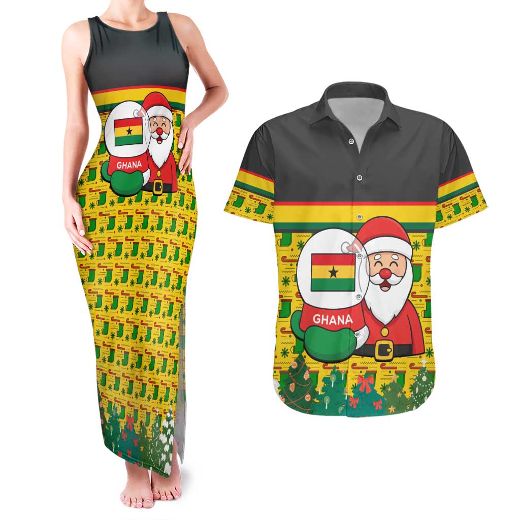 Ghana Christmas Couples Matching Tank Maxi Dress and Hawaiian Shirt with Santa Ornament National Coat of Arms and Festive - Wonder Print Shop