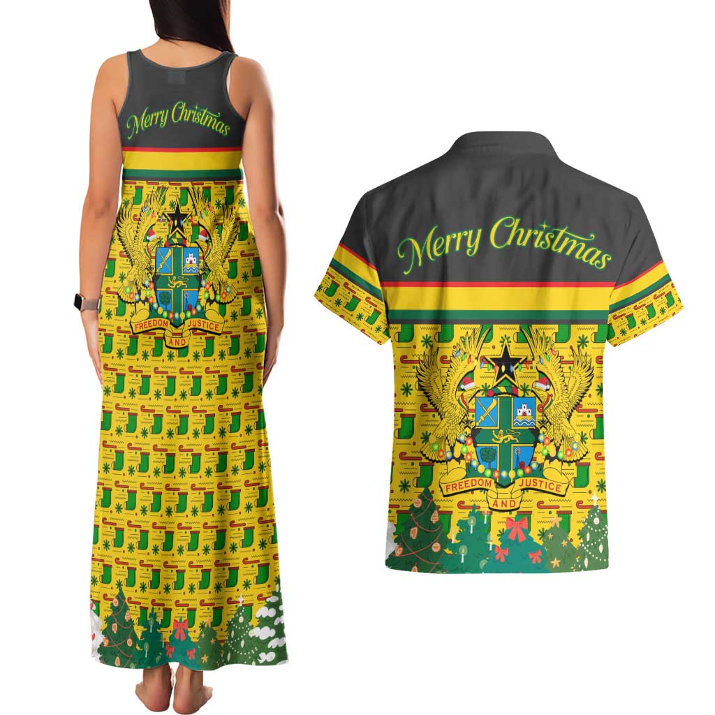 Ghana Christmas Couples Matching Tank Maxi Dress and Hawaiian Shirt with Santa Ornament National Coat of Arms and Festive - Wonder Print Shop