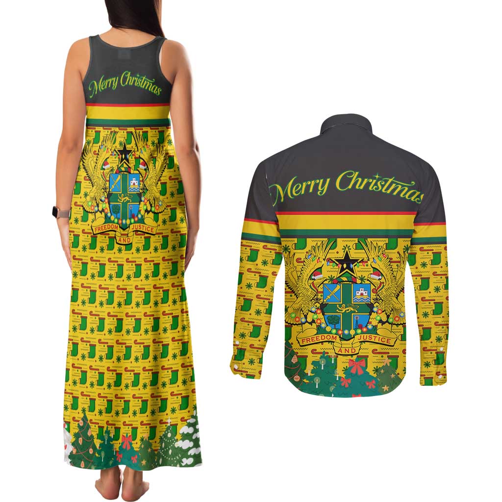 Ghana Christmas Couples Matching Tank Maxi Dress and Long Sleeve Button Shirt with Santa Ornament National Coat of Arms and Festive - Wonder Print Shop