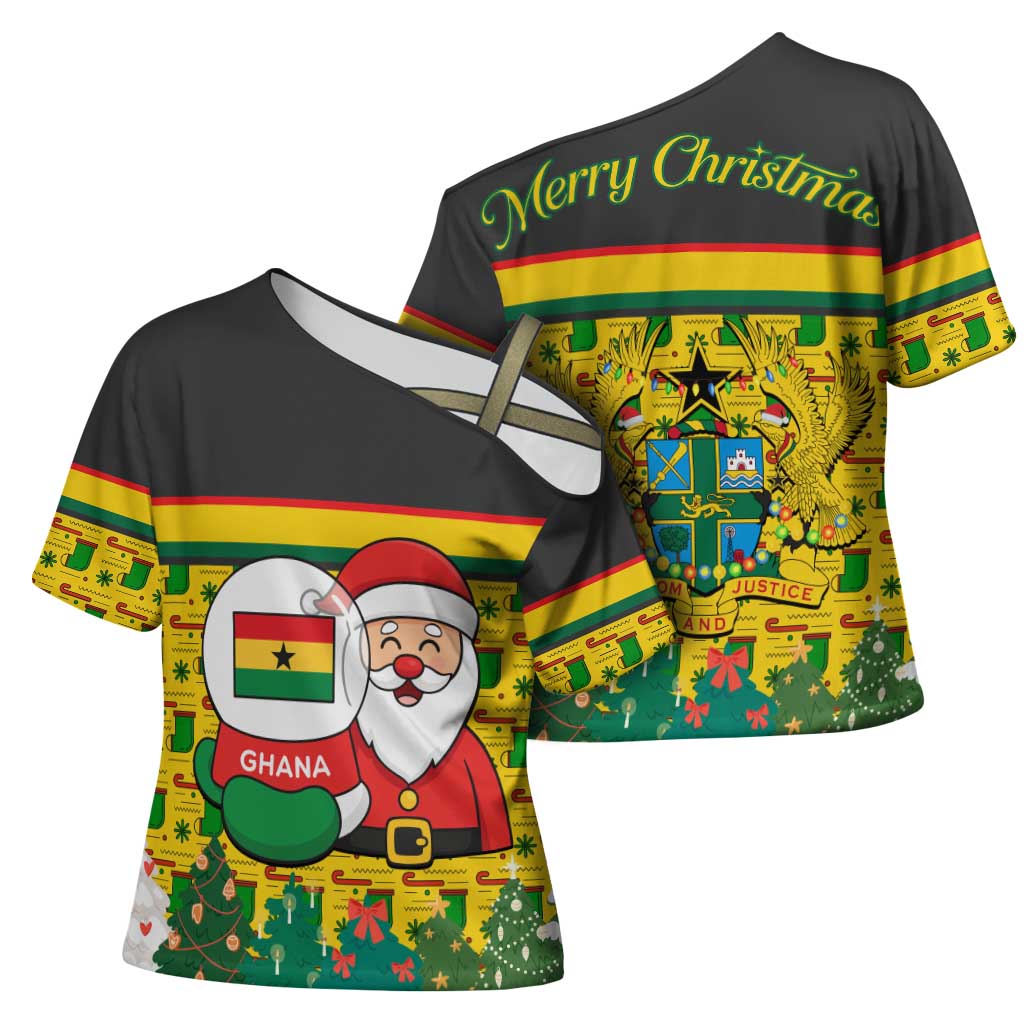 Ghana Christmas Cross Shoulder Shirt with Santa Ornament National Coat of Arms and Festive - Wonder Print Shop