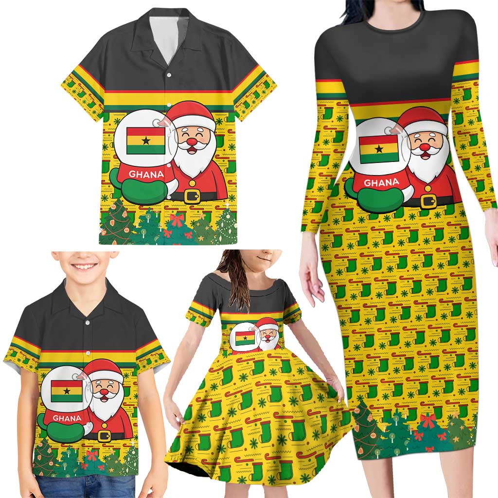 Ghana Christmas Family Matching Long Sleeve Bodycon Dress and Hawaiian Shirt with Santa Ornament National Coat of Arms and Festive - Wonder Print Shop
