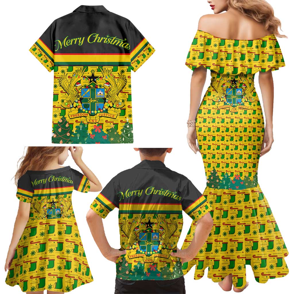 Ghana Christmas Family Matching Mermaid Dress and Hawaiian Shirt with Santa Ornament National Coat of Arms and Festive - Wonder Print Shop