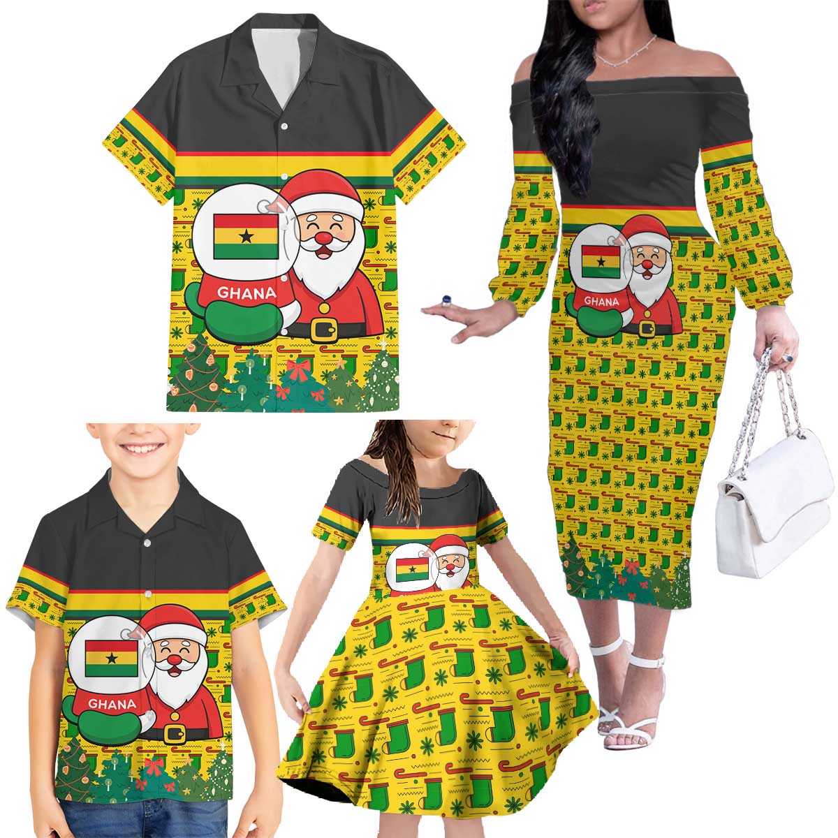 Ghana Christmas Family Matching Off The Shoulder Long Sleeve Dress and Hawaiian Shirt with Santa Ornament National Coat of Arms and Festive - Wonder Print Shop