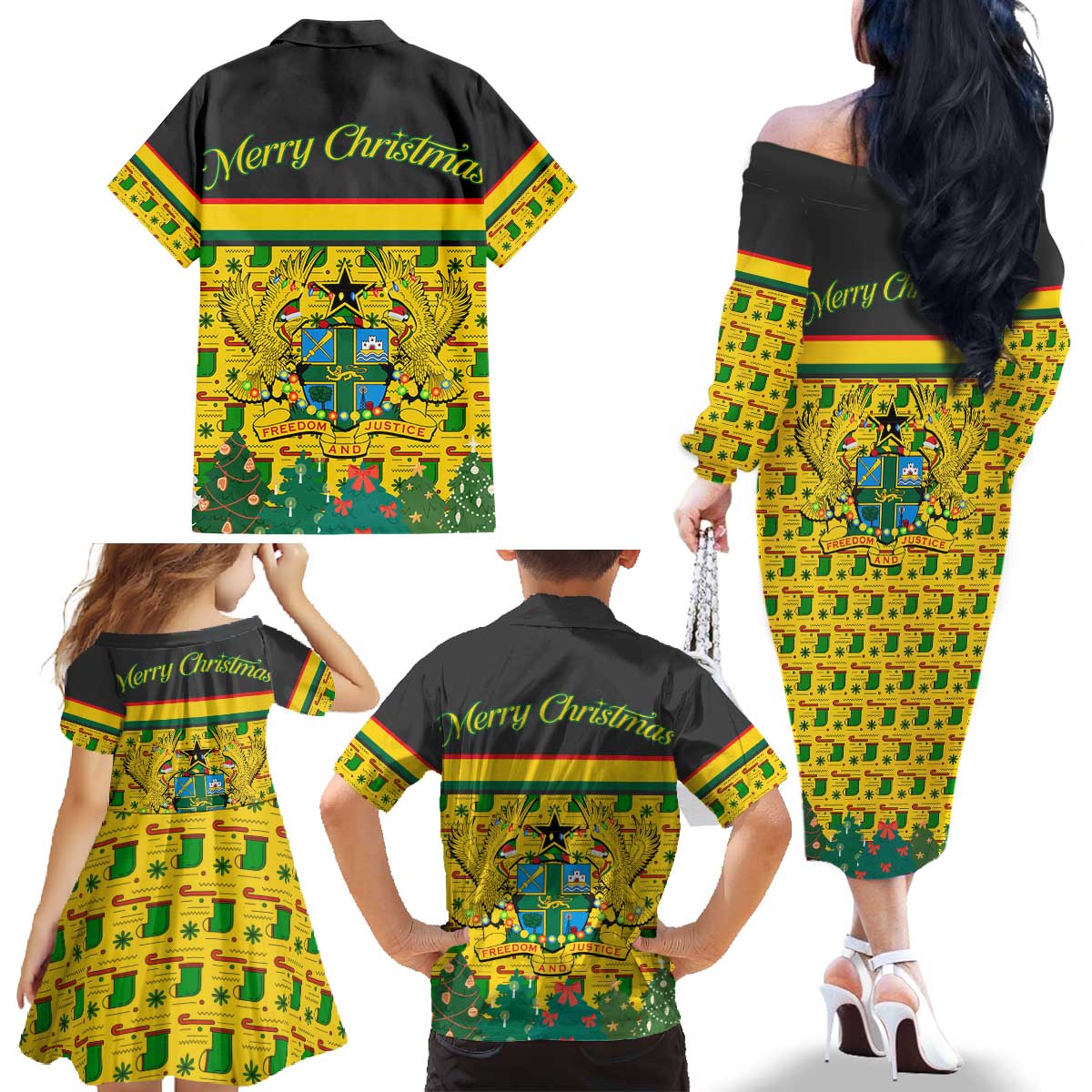 Ghana Christmas Family Matching Off The Shoulder Long Sleeve Dress and Hawaiian Shirt with Santa Ornament National Coat of Arms and Festive - Wonder Print Shop